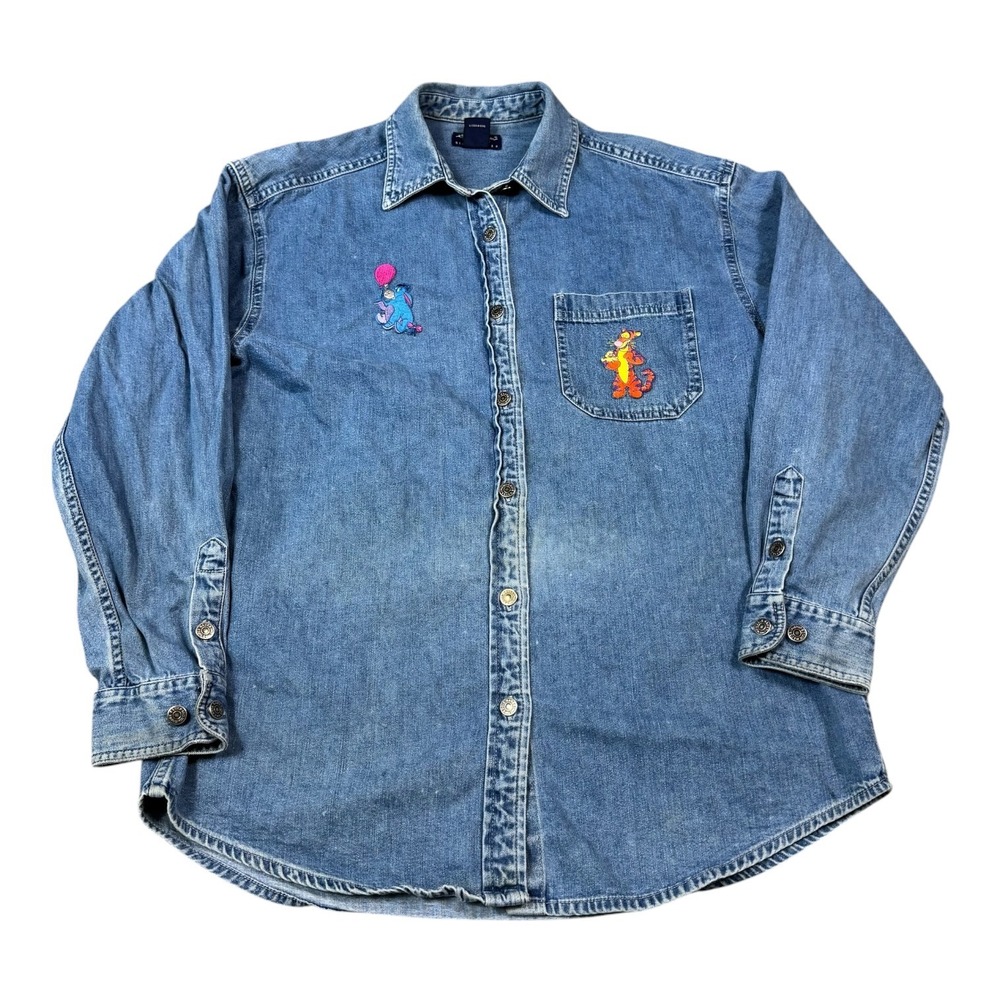 Vintage Eddie Bauer Disney Pooh Tigger Denim Button Down Shirt Women's M FLAW